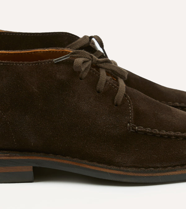 Drake's Crosby Moc-Toe Chukka Boot Dark Brown Roughout Suede With Rubber Sole