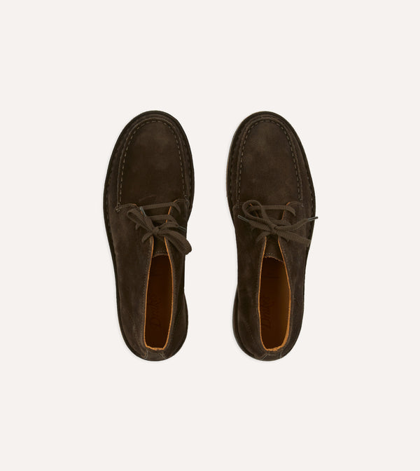 Drake's Crosby Moc-Toe Chukka Boot Dark Brown Roughout Suede With Rubber Sole
