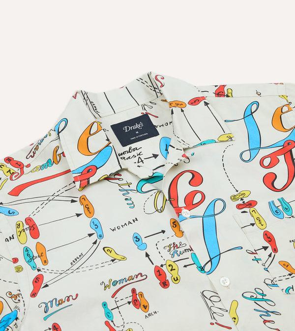 Drake's Dance Steps Print Cotton Camp Collar Short Sleeve Shirt