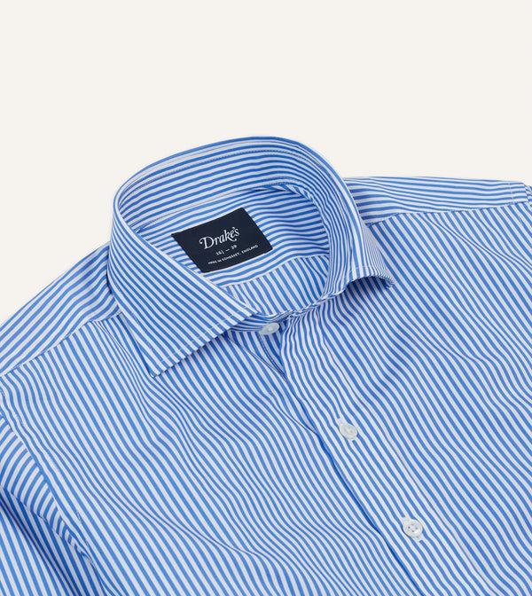 Drake's Dark Blue And White Bengal Stripe Spread Collar Cotton Poplin Shirt