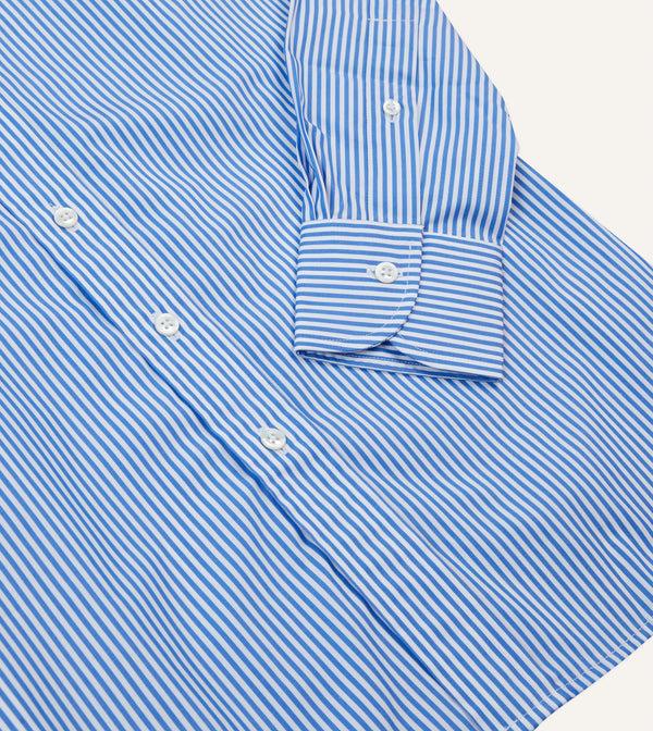 Drake's Dark Blue And White Bengal Stripe Spread Collar Cotton Poplin Shirt