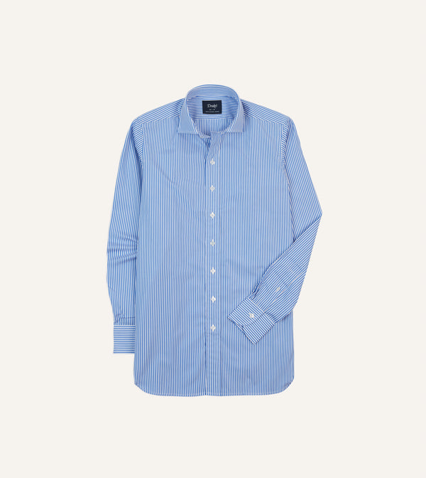 drake's Dark Blue and White Bengal Stripe Spread Collar Cotton Poplin Shirt