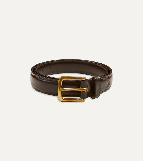 drake's Dark Brown Fully Lined Bridle Leather Belt with Brass Buckle