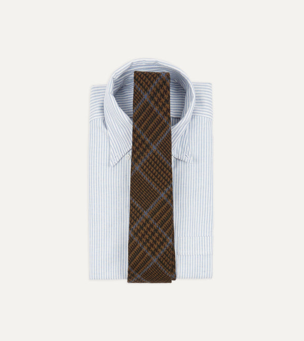 Drake's Dark Brown Prince Of Wales Check Hand Rolled Wool Tie