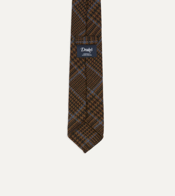Drake's Dark Brown Prince Of Wales Check Hand Rolled Wool Tie