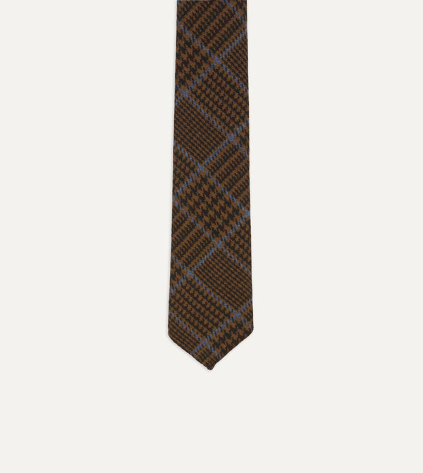 Drake's Dark Brown Prince Of Wales Check Hand Rolled Wool Tie