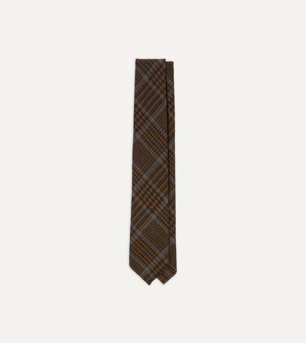 drake's Dark Brown Prince of Wales Check Hand Rolled Wool Tie