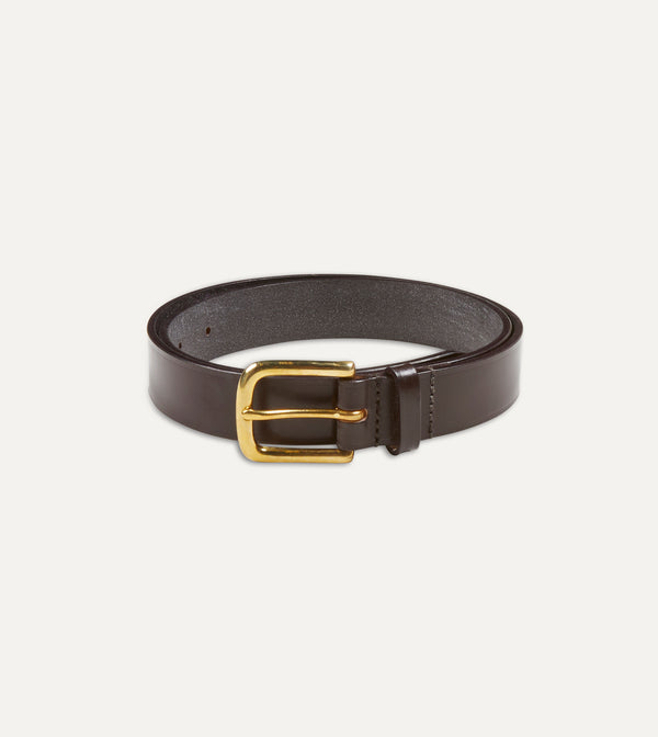 drake's Dark Brown Unlined Bridle Leather Belt with Brass Buckle