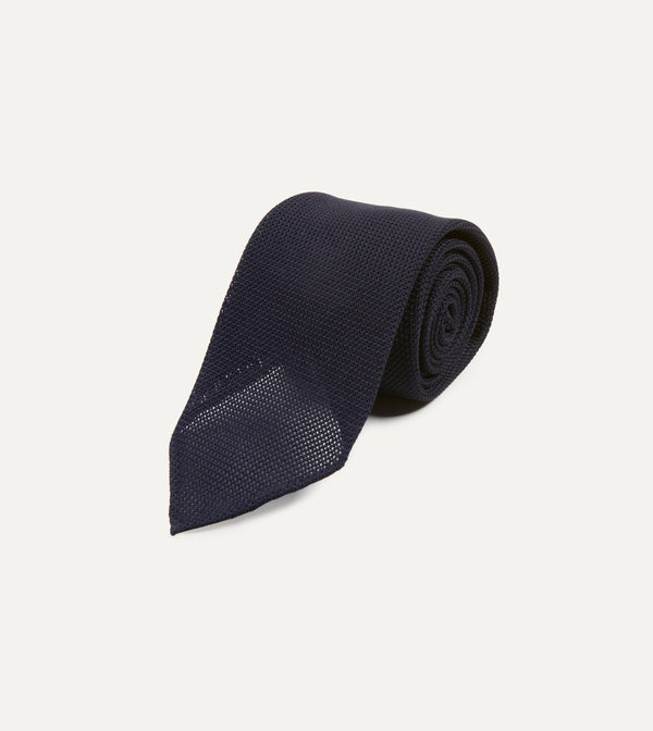 Drake's Dark Navy Fine Woven Grenadine Silk Hand Rolled Tie