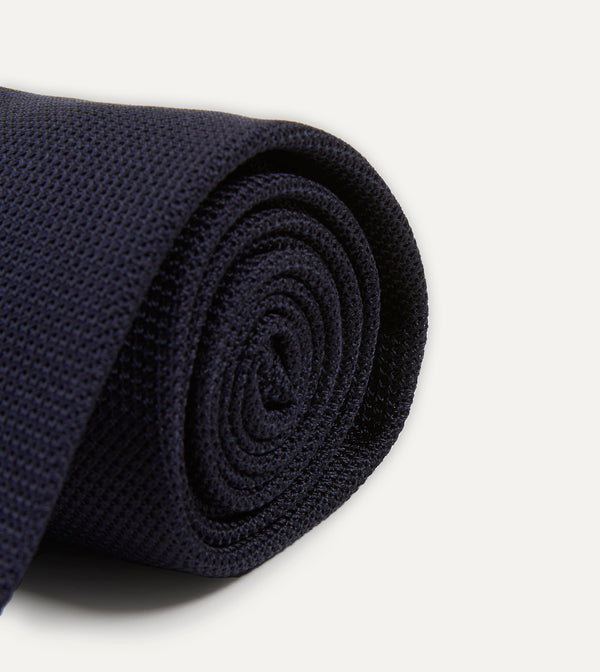 Drake's Dark Navy Fine Woven Grenadine Silk Hand Rolled Tie