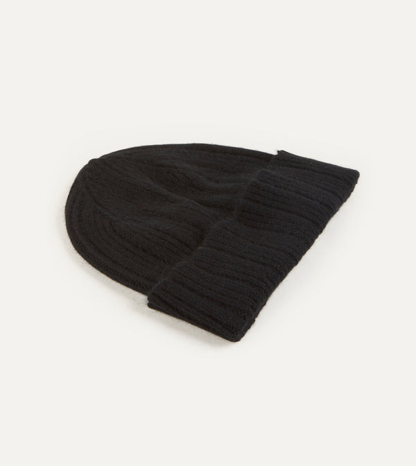 Drake's Black Angora Lambswool Ribbed Knit Cap