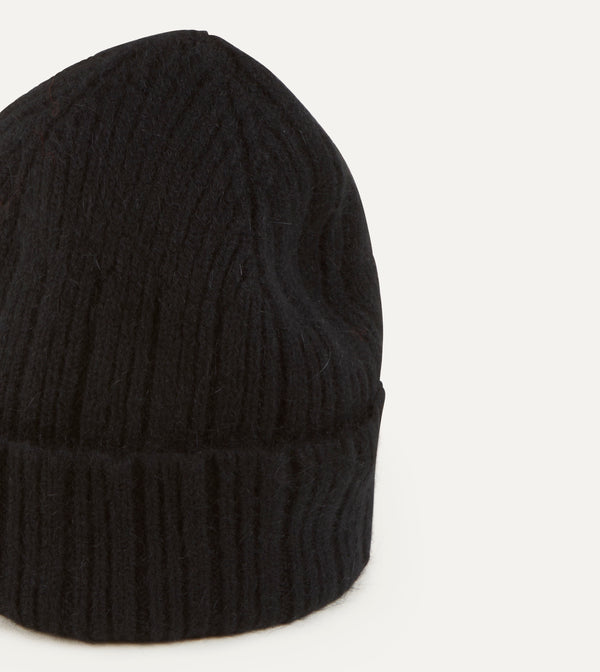Drake's Black Angora Lambswool Ribbed Knit Cap