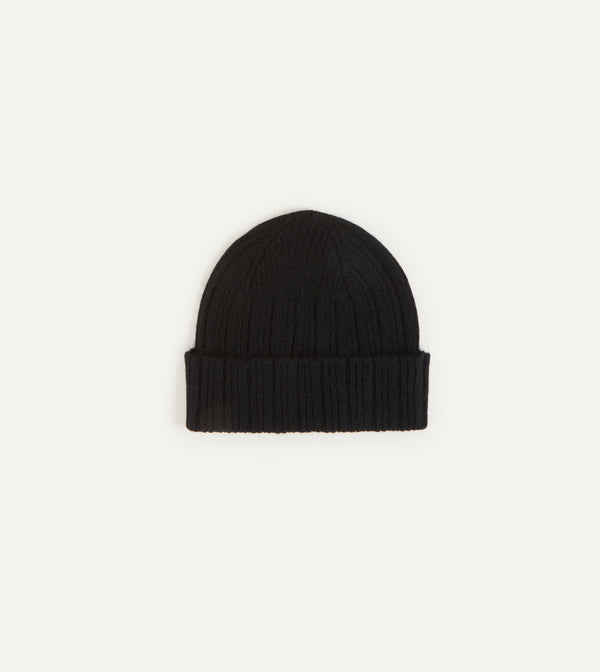 drake's Black Angora Lambswool Ribbed Knit Cap