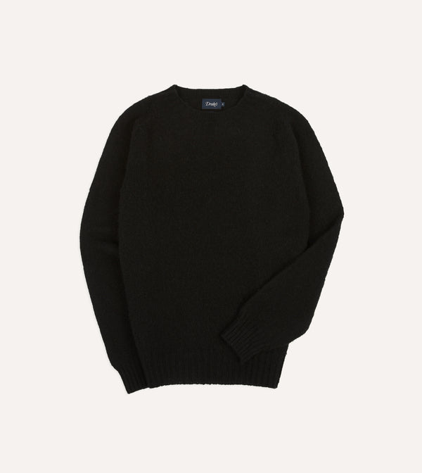 drake's Black Brushed Shetland Crew Neck Jumper
