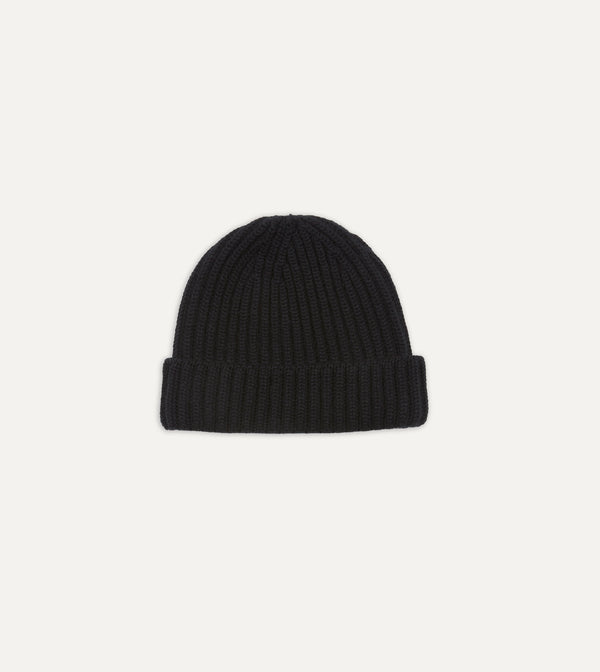 drake's Black Cashmere Ribbed Knit Cap