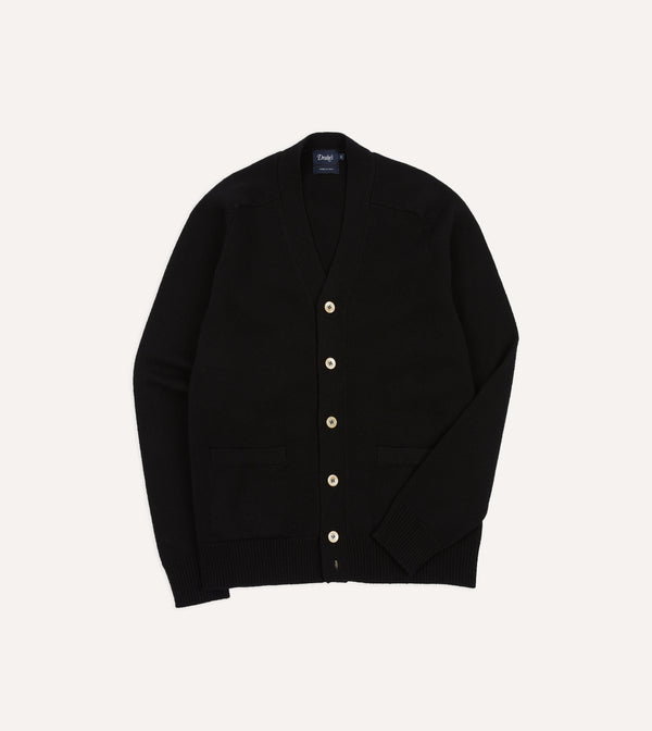 drake's Black Lambswool 6 Button Cardigan