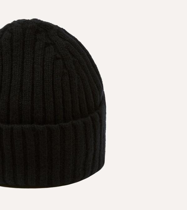 Drake's Black Lambswool Ribbed Knit Cap