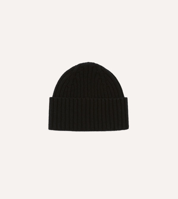 drake's Black Lambswool Ribbed Knit Cap