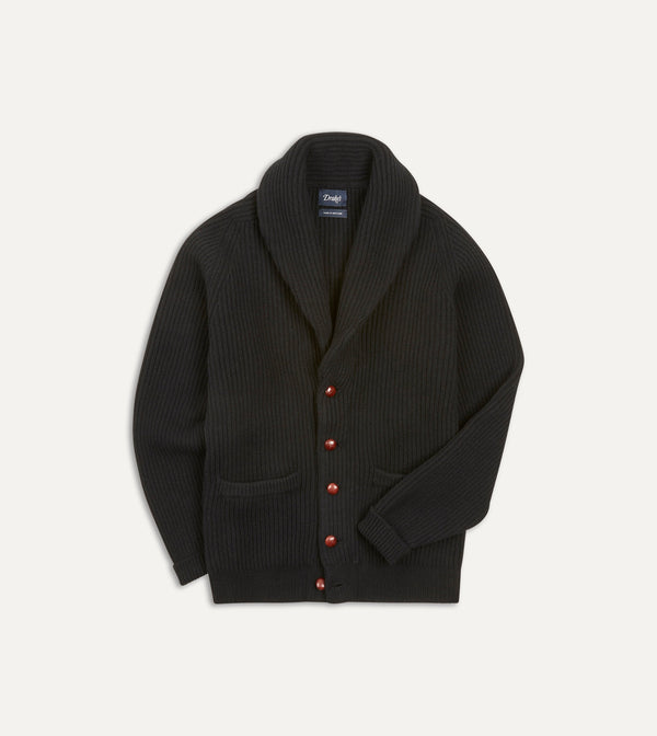 drake's Black Lambswool Shawl Collar Cardigan