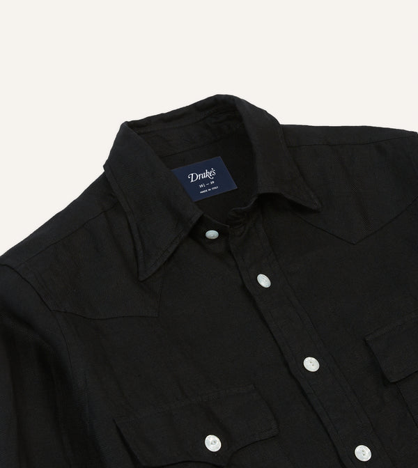 Drake's Black Linen Twill Two-Pocket Western Shirt