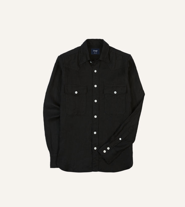 drake's Black Linen Twill Two-Pocket Western Shirt