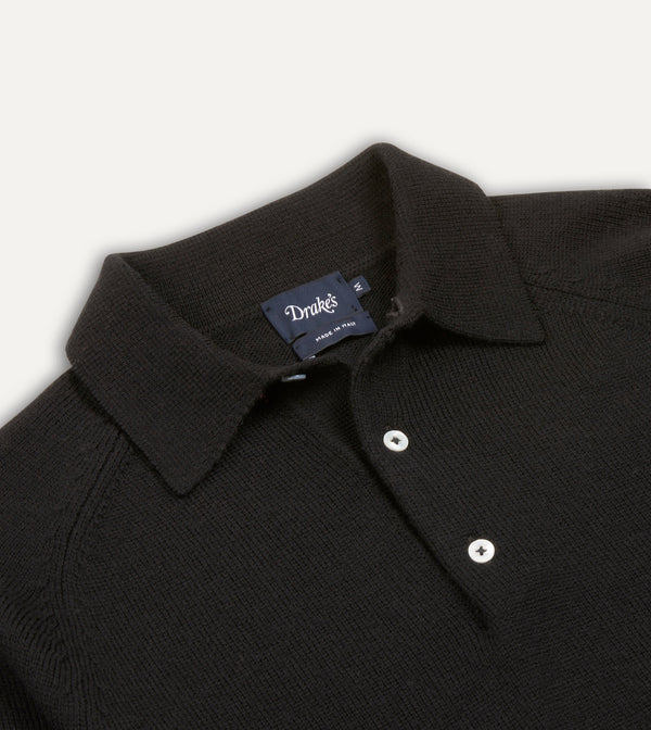 Drake's Black Merino Wool Knitted Polo