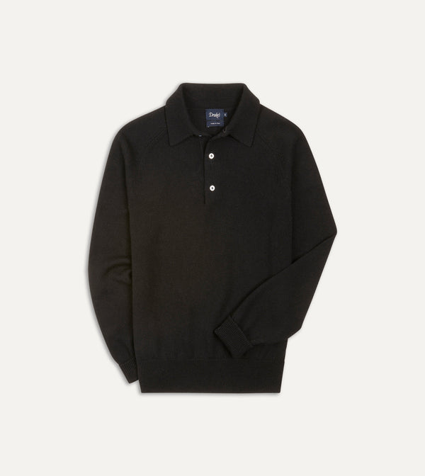 drake's Black Merino Wool Knitted Polo