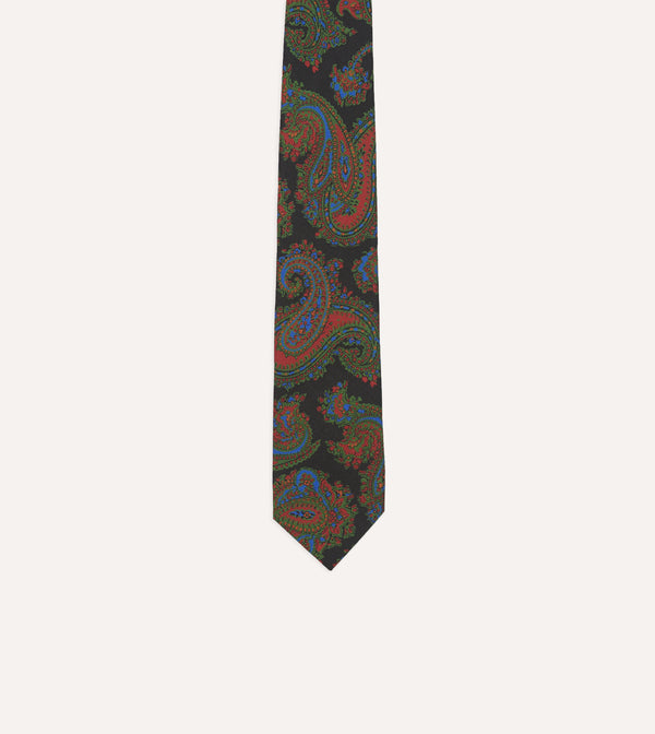 Drake's Black Paisley Print Silk Self Tipped Tie