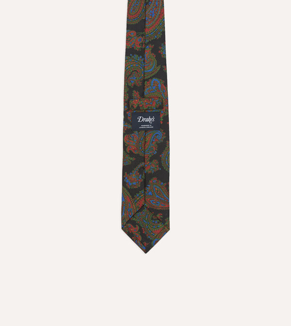 Drake's Black Paisley Print Silk Self Tipped Tie