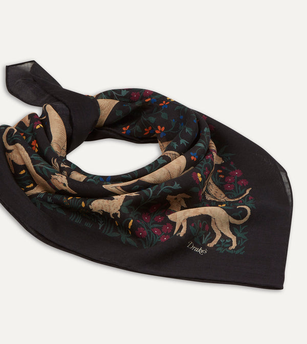 Drake's Black Unicorn Print Wool-Silk Square Scarf