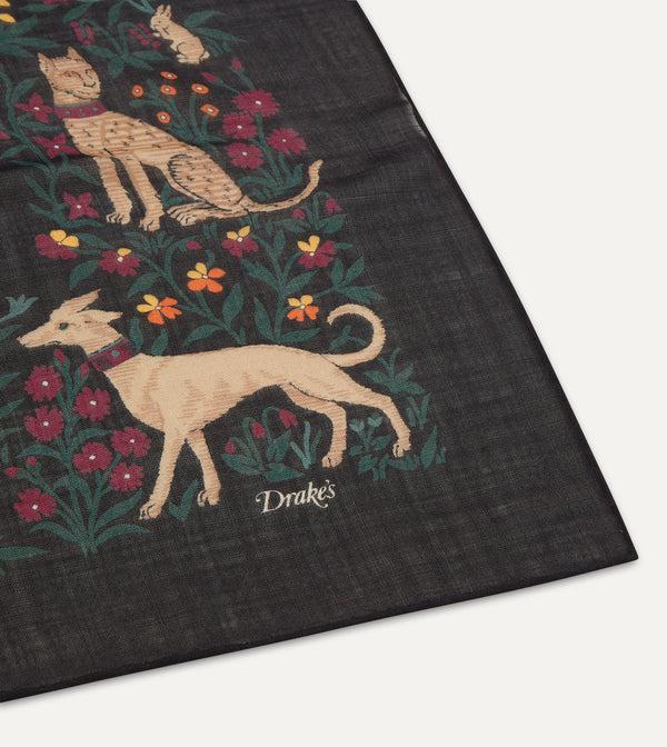 Drake's Black Unicorn Print Wool-Silk Square Scarf