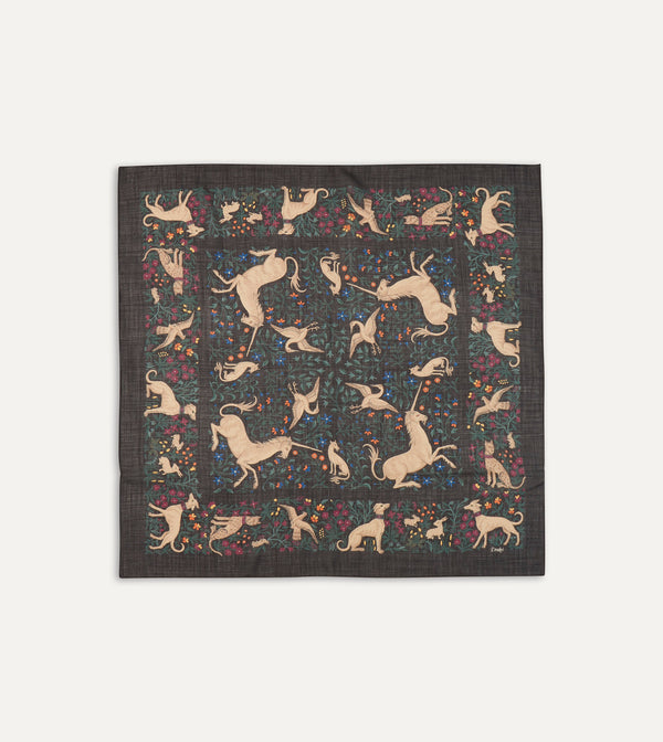 drake's Black Unicorn Print Wool-Silk Square Scarf