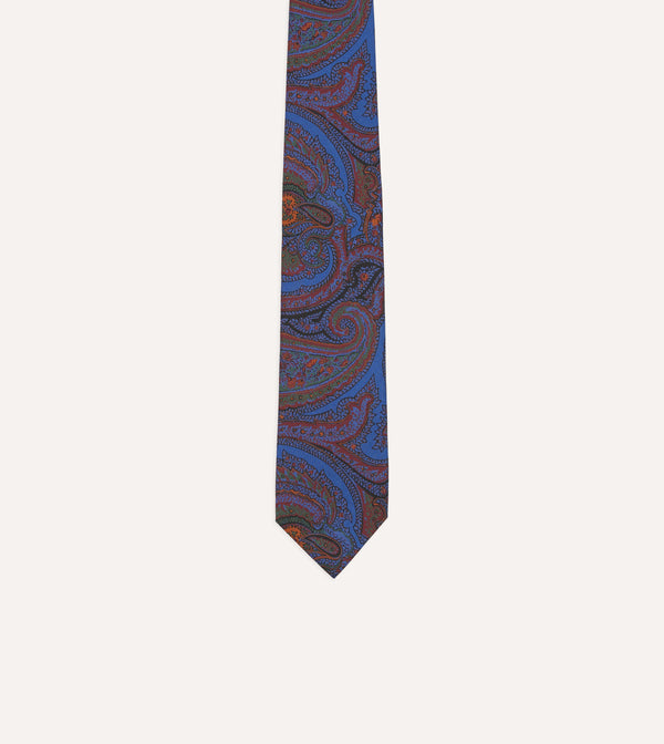 Drake's Blue Acanthus Print Silk Self Tipped Tie