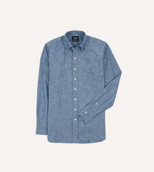 drake's Blue Chambray Long Point Collar Shirt