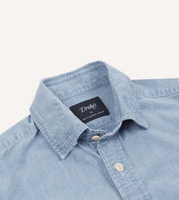 Drake's Blue Cotton Chambray Two-Pocket Work Shirt