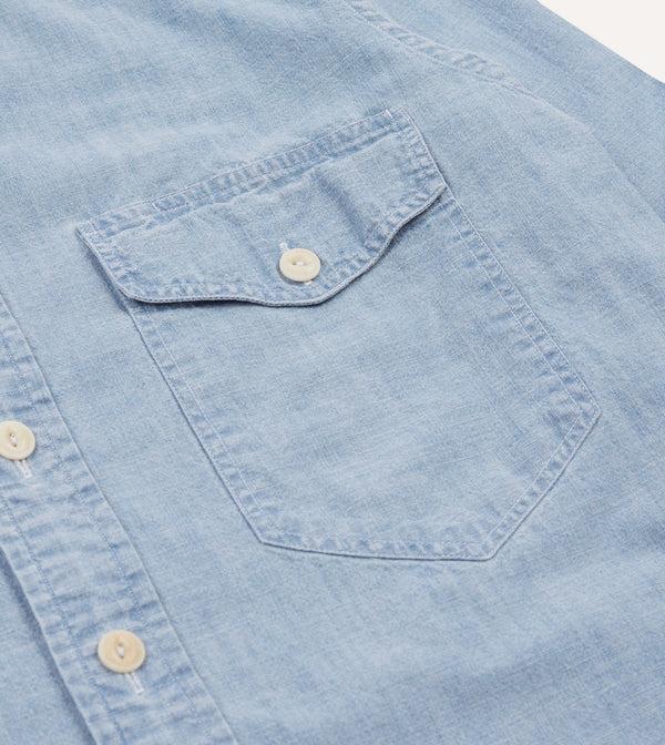 Drake's Blue Cotton Chambray Two-Pocket Work Shirt