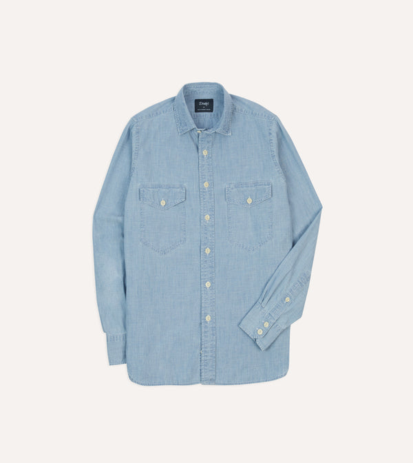 drake's Blue Cotton Chambray Two-Pocket Work Shirt