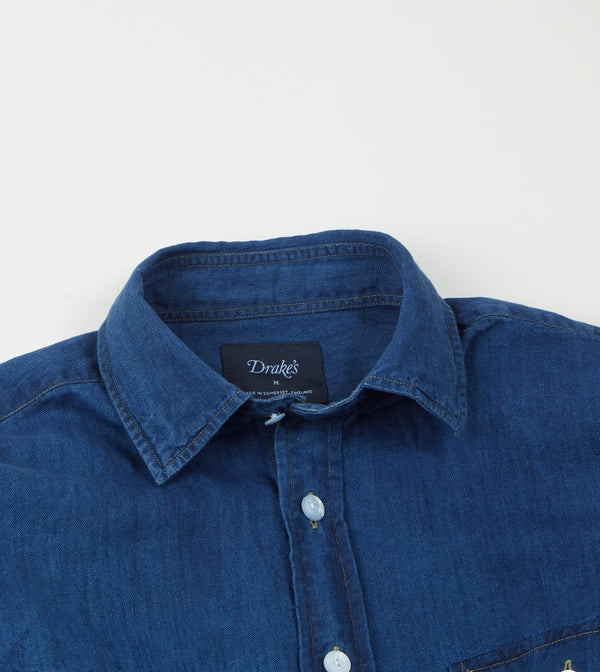 Drake's Blue Cotton Linen Two-Pocket Work Shirt