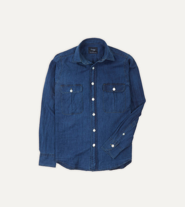 drake's Blue Cotton Linen Two-Pocket Work Shirt