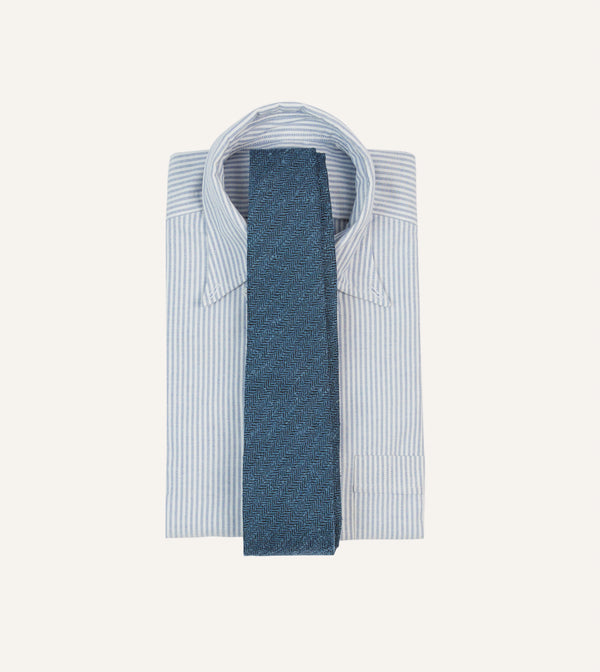 Drake's Blue Herringbone Shantung Silk Tipped Tie