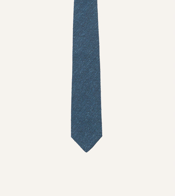 Drake's Blue Herringbone Shantung Silk Tipped Tie