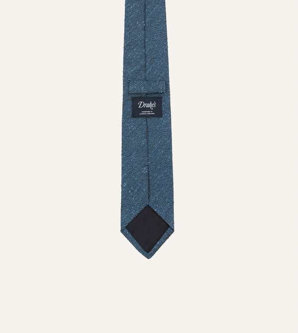 Drake's Blue Herringbone Shantung Silk Tipped Tie