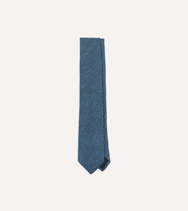 drake's Blue Herringbone Shantung Silk Tipped Tie