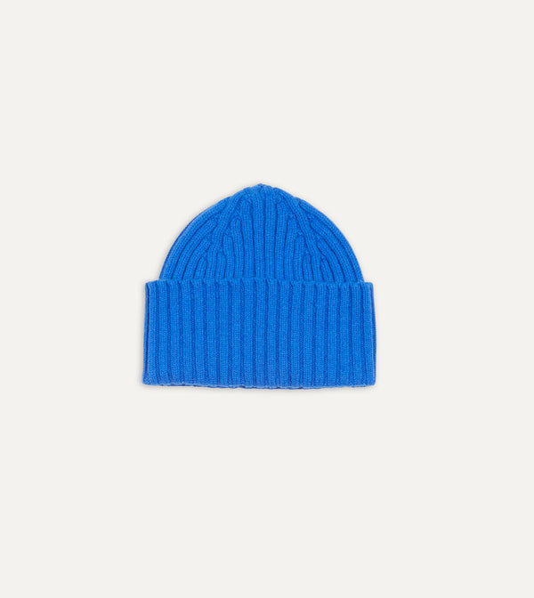 drake's Blue Lambswool Ribbed Knit Cap