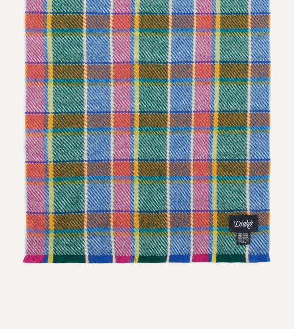 Drake's Blue Tartan Check Wool Scarf