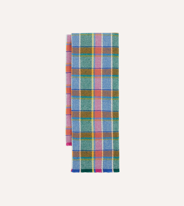 Drake's Blue Tartan Check Wool Scarf