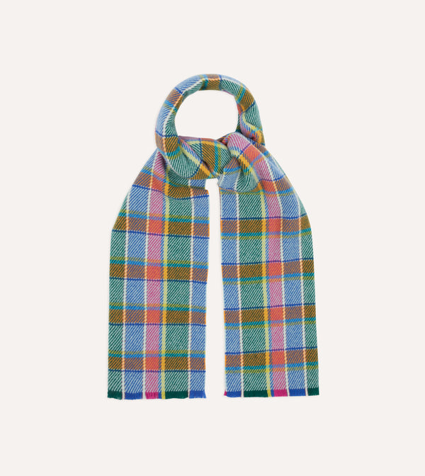 drake's Blue Tartan Check Wool Scarf