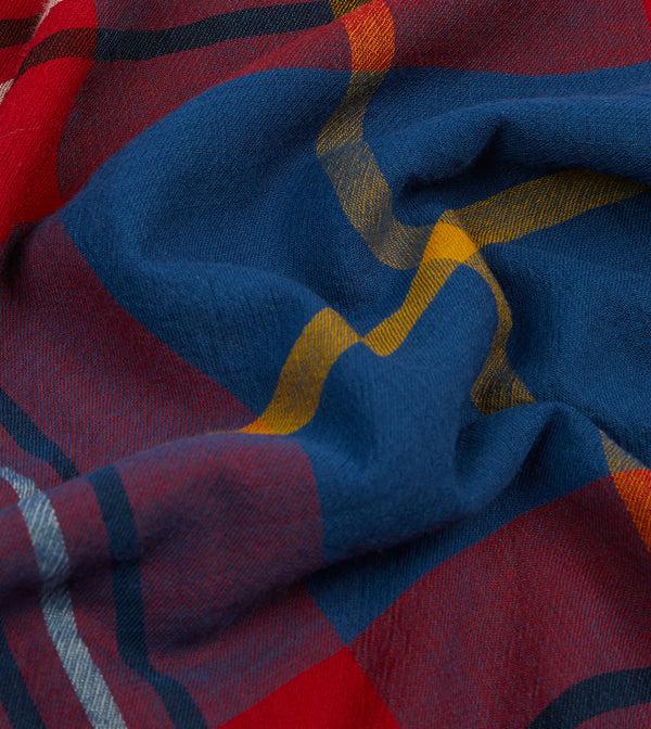 Drake's Blue Tartan Washed Check Wool Scarf