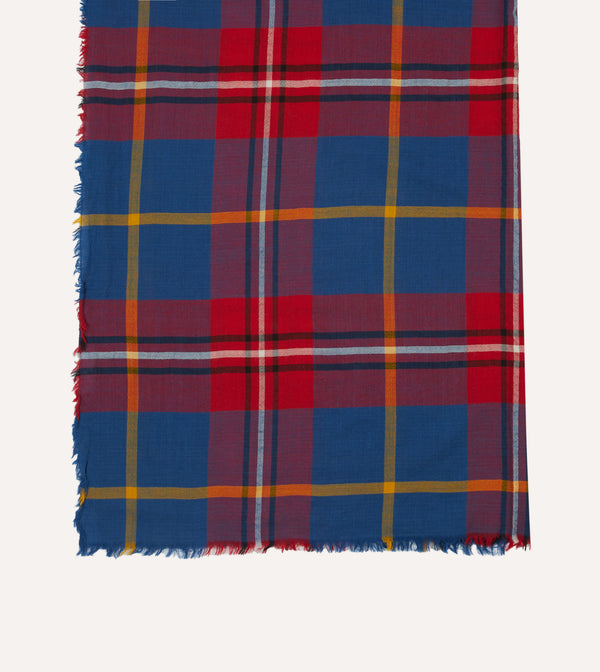Drake's Blue Tartan Washed Check Wool Scarf