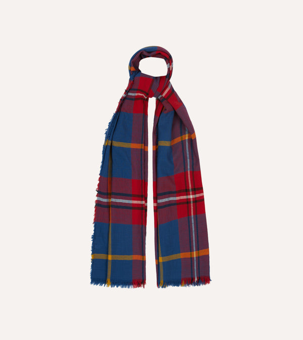 Drake's Blue Tartan Washed Check Wool Scarf